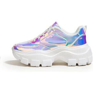 🆕 Women White Chunky Platform Sneakers Lace-Up Casual Fashion Walking Shoes